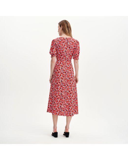 Finery London Red Elish Lace Trim Puff Sleeve Midi Dress