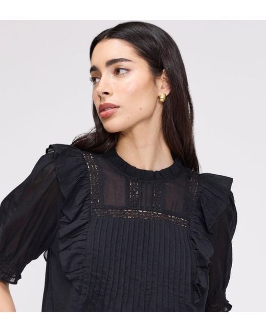 Finery London Black Jolin Lace Cotton Puff Sleeve Top