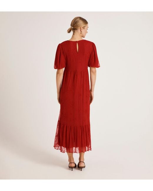 Finery London Red Yasmine Mesh Midi Tea Dress