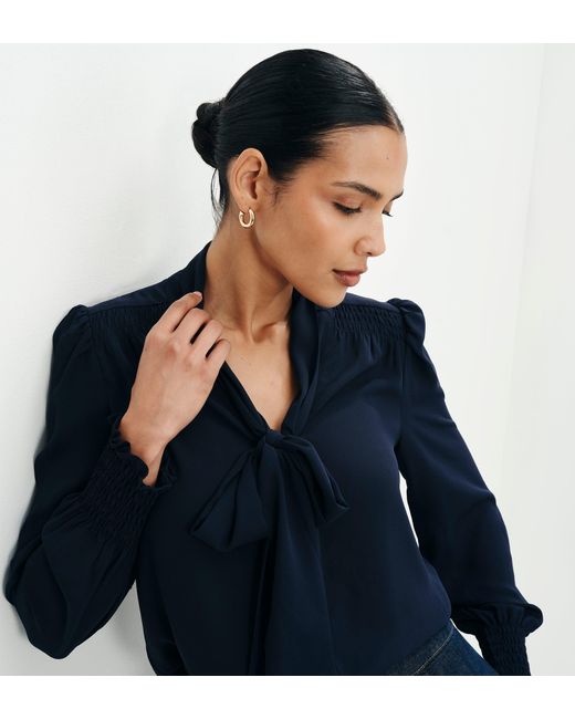 Finery London Blue Mavis Pussy Bow Button-Through Blouse