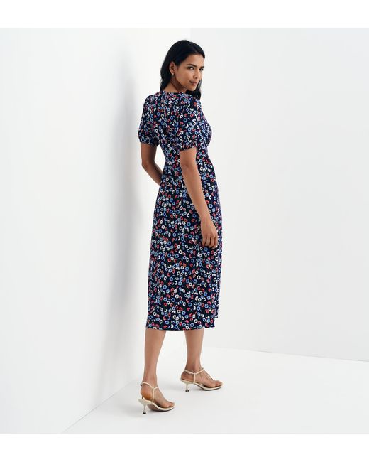 Finery London Blue Robyn Button Through V-Neck Midi Dress