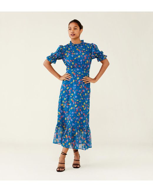 Finery London Blue Camille Print Chiffon Midi Dress