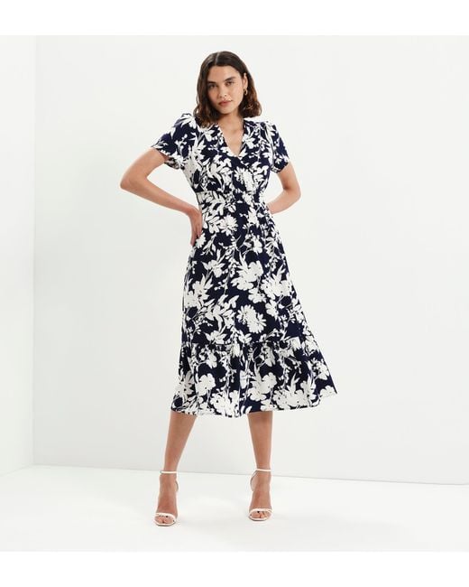 Finery London Blue Deena Wrap Tiered Midi Dress