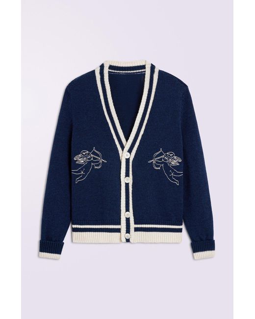 Fiorucci Blue Double Cupid Embroidered Wool Cardigan