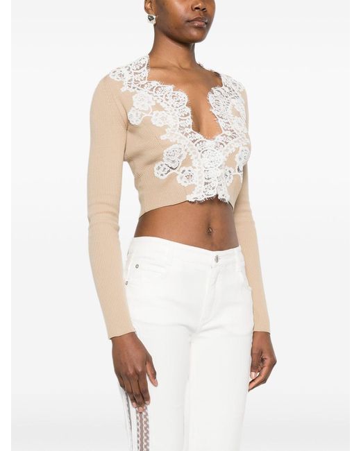 Ermanno Scervino White Lace-trimmed Ribbed Cardigan