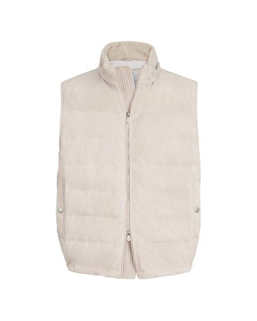 Brunello Cucinelli White Suede Down Vest With Packable Hood for men