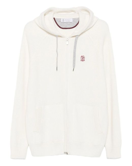 Brunello Cucinelli White Hooded Ribbed Zip-up Cardigan for men