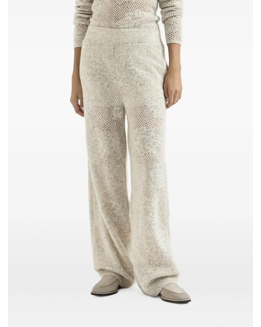 Brunello Cucinelli White Lace-flowers Knit Track Trousers In Sparkling Mohair And Virgin Wool