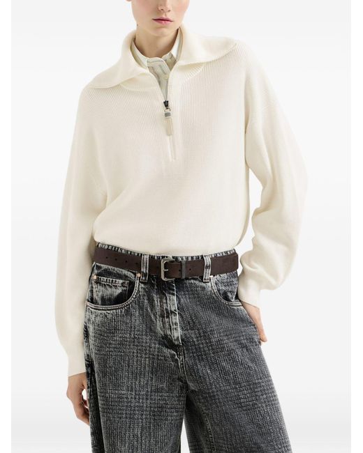 Brunello Cucinelli White Cotton English Rib Sweater With Shiny Zipper Pull