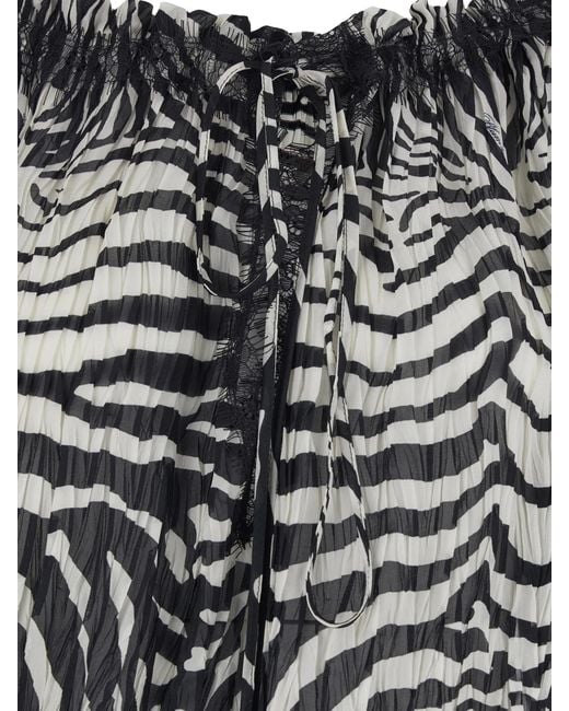 Blumarine Black And Blouse With All-Over Zebra Print And Boat Neckline