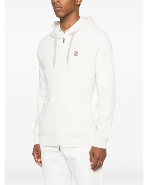 Brunello Cucinelli White Hooded Ribbed Zip-up Cardigan for men