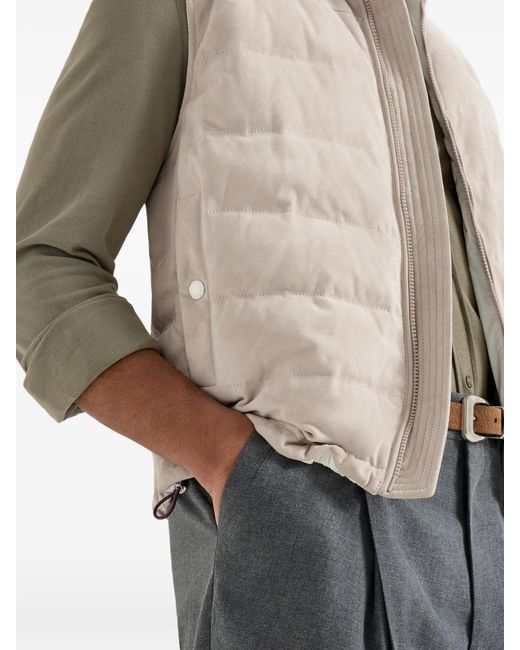 Brunello Cucinelli White Suede Down Vest With Packable Hood for men