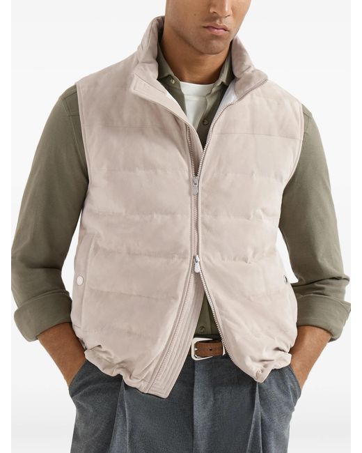 Brunello Cucinelli White Suede Down Vest With Packable Hood for men