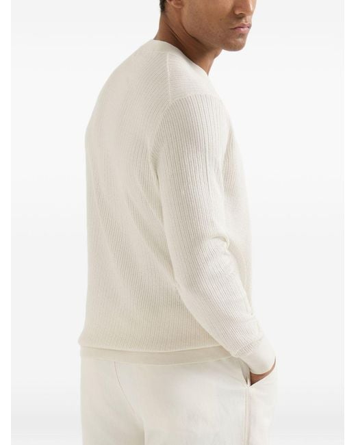 Brunello Cucinelli White Cotton Textured Rib Lightweight Sweater for men