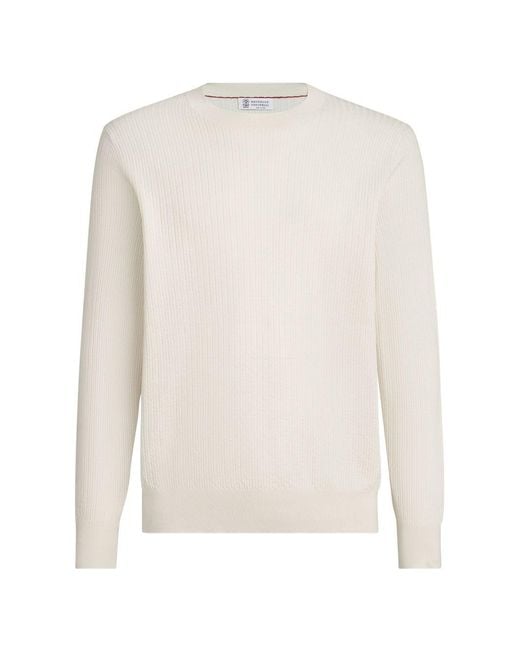 Brunello Cucinelli White Cotton Textured Rib Lightweight Sweater for men