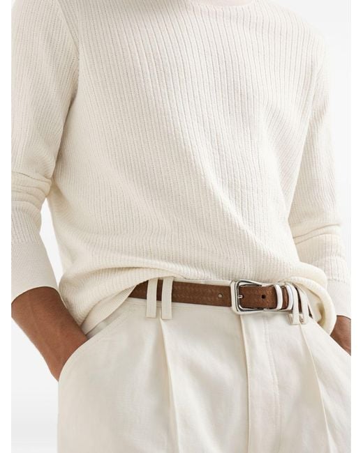 Brunello Cucinelli White Cotton Textured Rib Lightweight Sweater for men