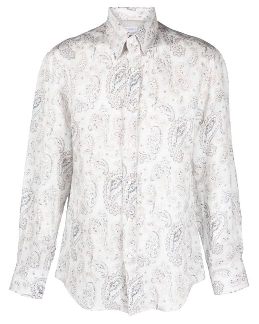 Brunello Cucinelli White Paisley-print Linen Shirt for men