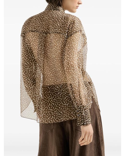 Brunello Cucinelli Brown Dapple Silk Organza Shirt With Neck-tie