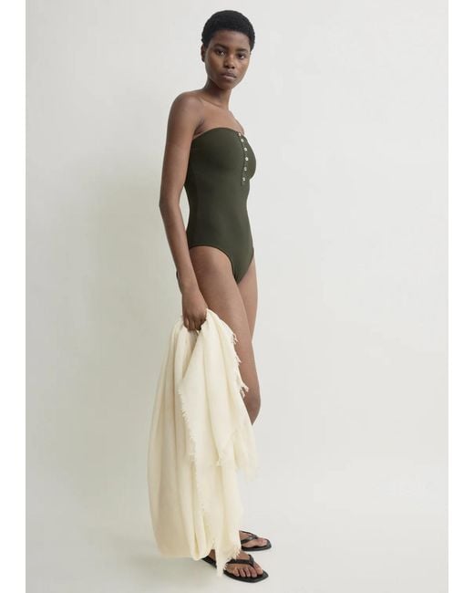 Totême Green Ribbed Strapless Swimsuit