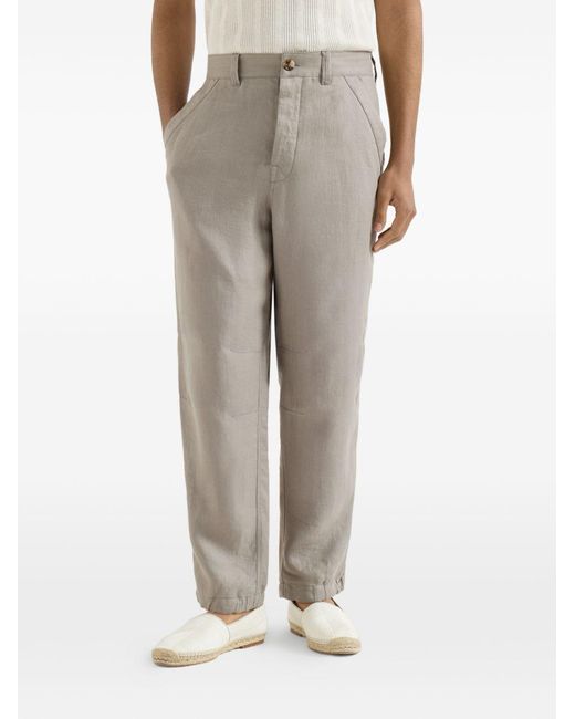 Brunello Cucinelli Gray Linen Micro Chevron Trousers With Drawstrings for men