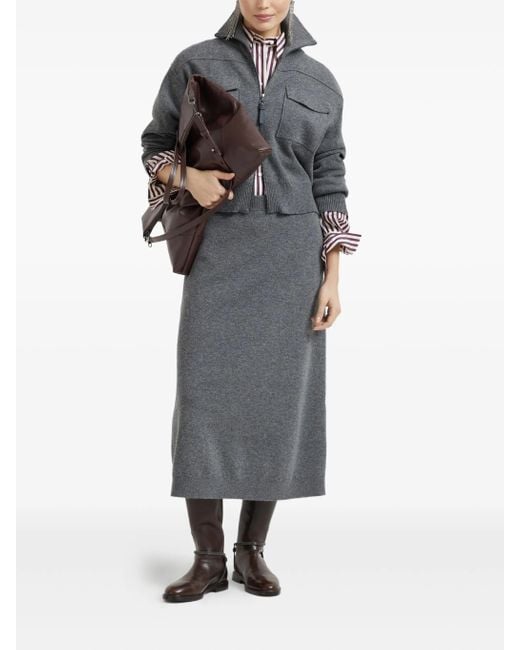 Brunello Cucinelli Gray Knitted Midi Skirt
