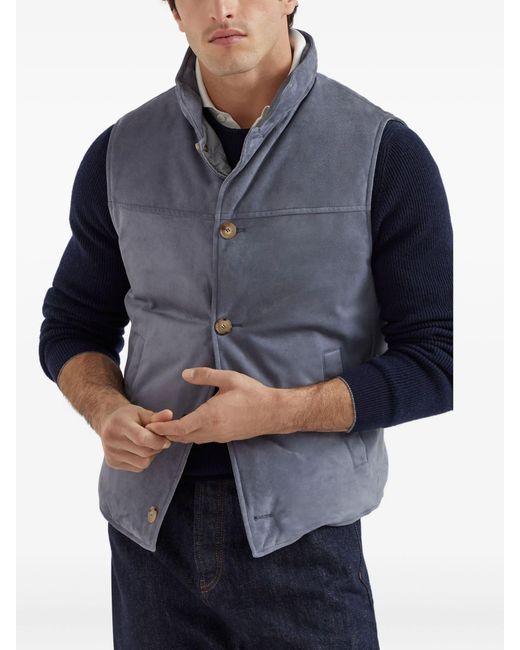 Brunello Cucinelli Blue Suede Buttoned Vest for men
