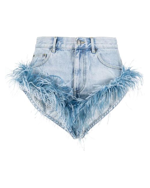 Area Blue Feather-trim Denim Shorts