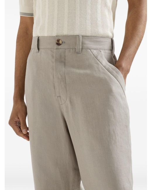 Brunello Cucinelli Gray Linen Micro Chevron Trousers With Drawstrings for men