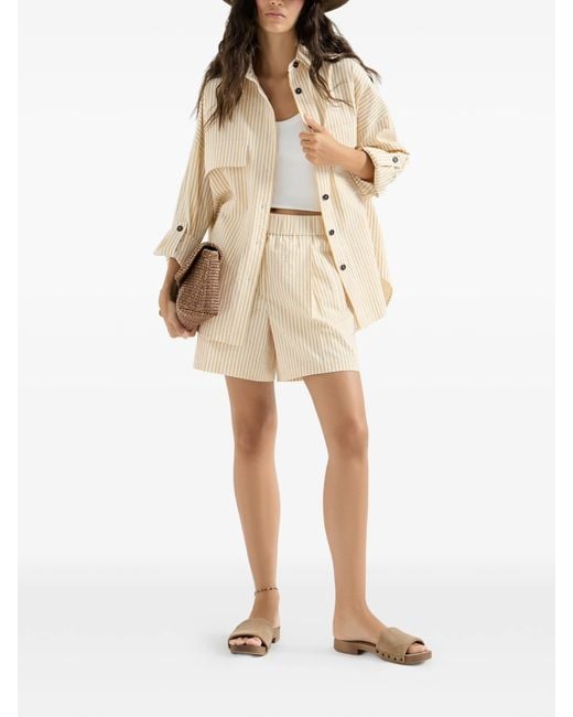 Brunello Cucinelli Natural Techno Cotton Striped Seersucker Shorts With Monili