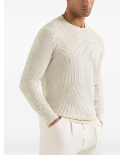 Brunello Cucinelli White Cotton Textured Rib Lightweight Sweater for men