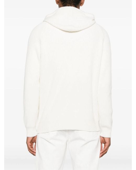 Brunello Cucinelli White Hooded Ribbed Zip-up Cardigan for men