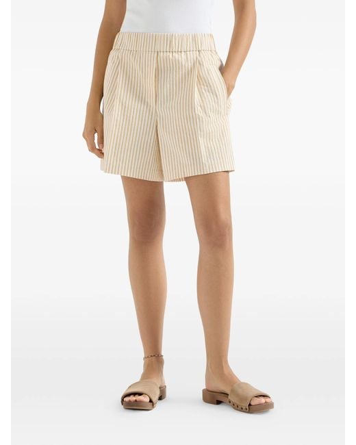 Brunello Cucinelli Natural Techno Cotton Striped Seersucker Shorts With Monili
