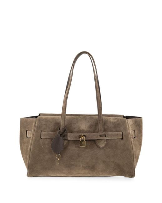 Brunello Cucinelli Brown Padlock-detail Suede Shoulder Bag