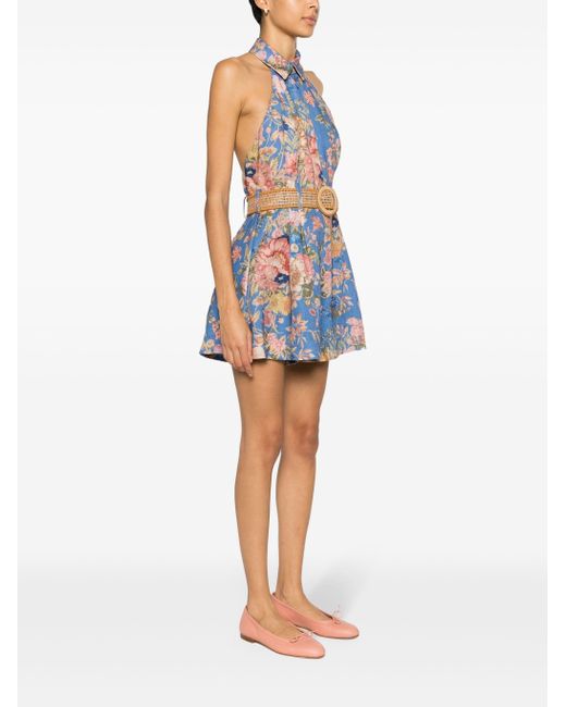 Zimmermann Blue August Floral-print Playsuit