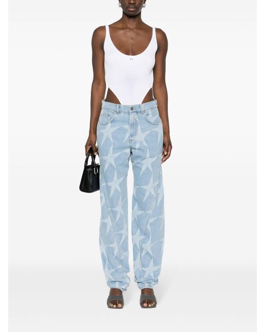 Mugler Blue Star-print Low-rise Tapered Jeans