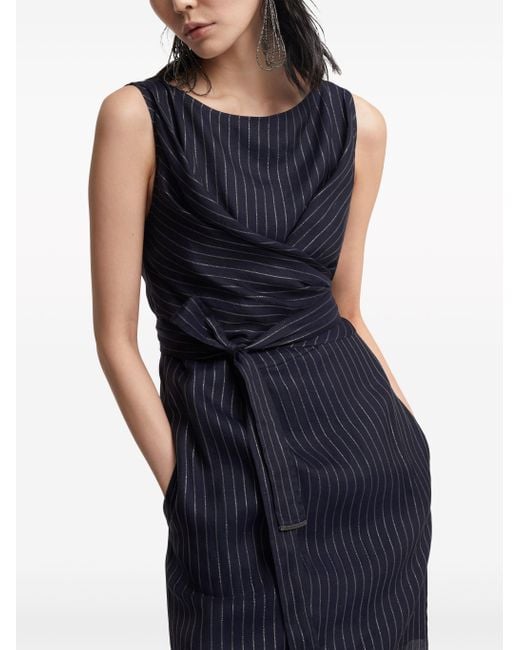 Brunello Cucinelli Blue Cotton Pinstriped Dress With Shiny Details