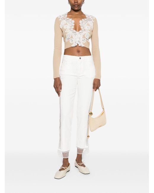 Ermanno Scervino White Lace-trimmed Ribbed Cardigan