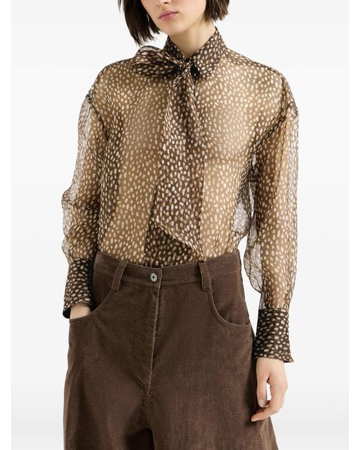 Brunello Cucinelli Brown Dapple Silk Organza Shirt With Neck-tie
