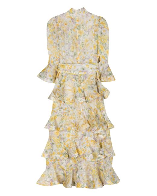 Zimmermann Yellow Harmony Tiered Midi Dress - Women's - Recycled Polyester/elastane/linen/flax/silk