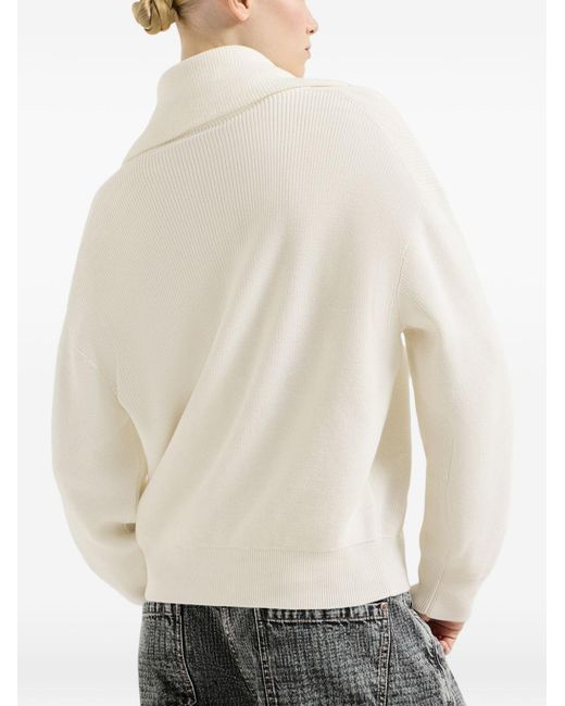 Brunello Cucinelli White Cotton English Rib Sweater With Shiny Zipper Pull