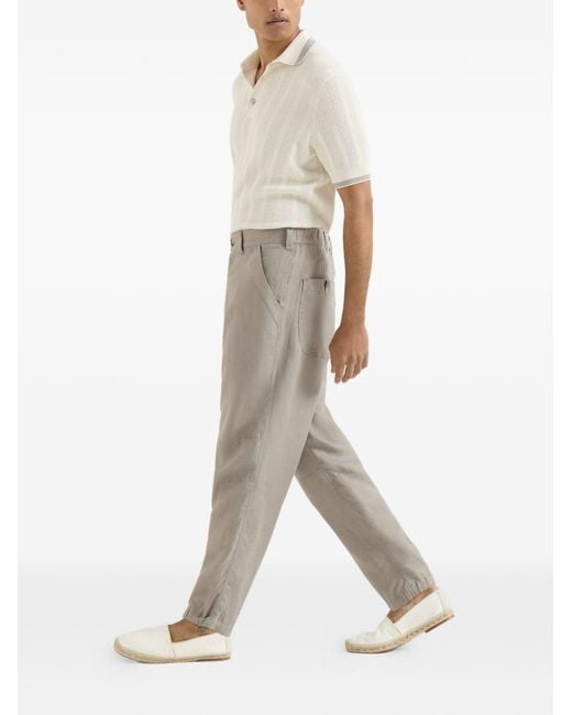 Brunello Cucinelli Gray Linen Micro Chevron Trousers With Drawstrings for men