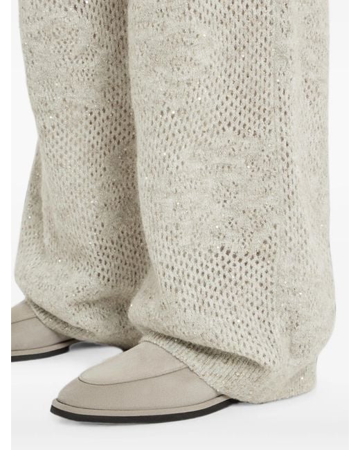 Brunello Cucinelli White Lace-flowers Knit Track Trousers In Sparkling Mohair And Virgin Wool