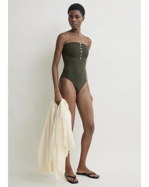 Totême Green Ribbed Strapless Swimsuit