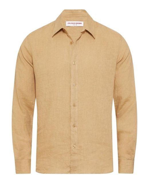 Orlebar Brown Natural Relaxed Fit Luxury Italian Linen Shirt In Biscuit Colour for men