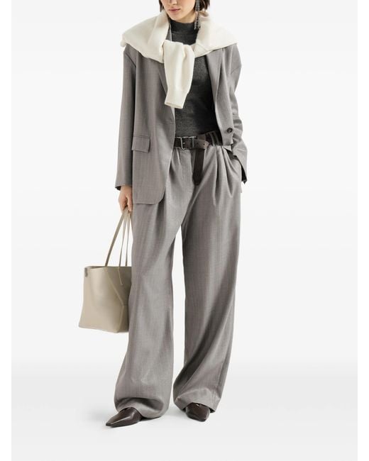 Brunello Cucinelli Gray Sparkling Virgin-wool Pinstripe Track Trousers With Monili