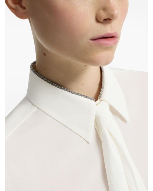 Brunello Cucinelli White Silk Crepe De Chine Shirt With Tie And Shiny Collar