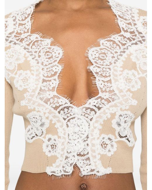Ermanno Scervino White Lace-trimmed Ribbed Cardigan