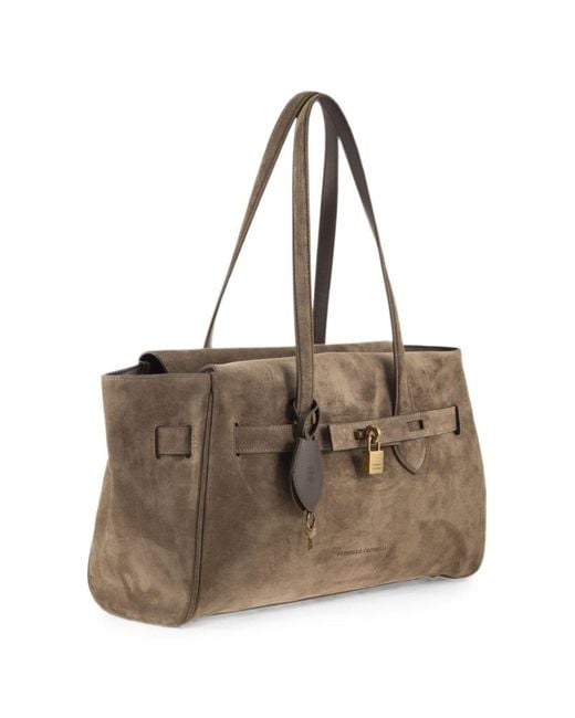 Brunello Cucinelli Brown Padlock-detail Suede Shoulder Bag