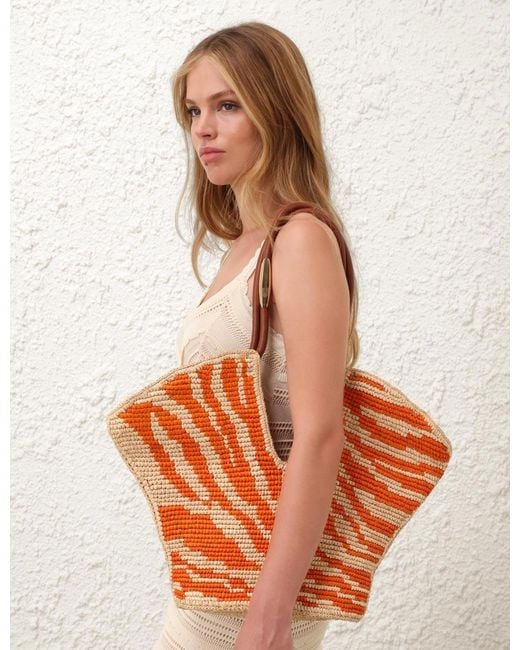 Zimmermann Orange Medium Goldentime Zebra-print Raffia Tote Bag