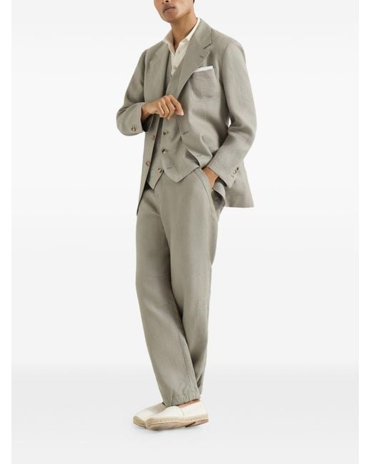 Brunello Cucinelli Gray Linen Micro Chevron Trousers With Drawstrings for men